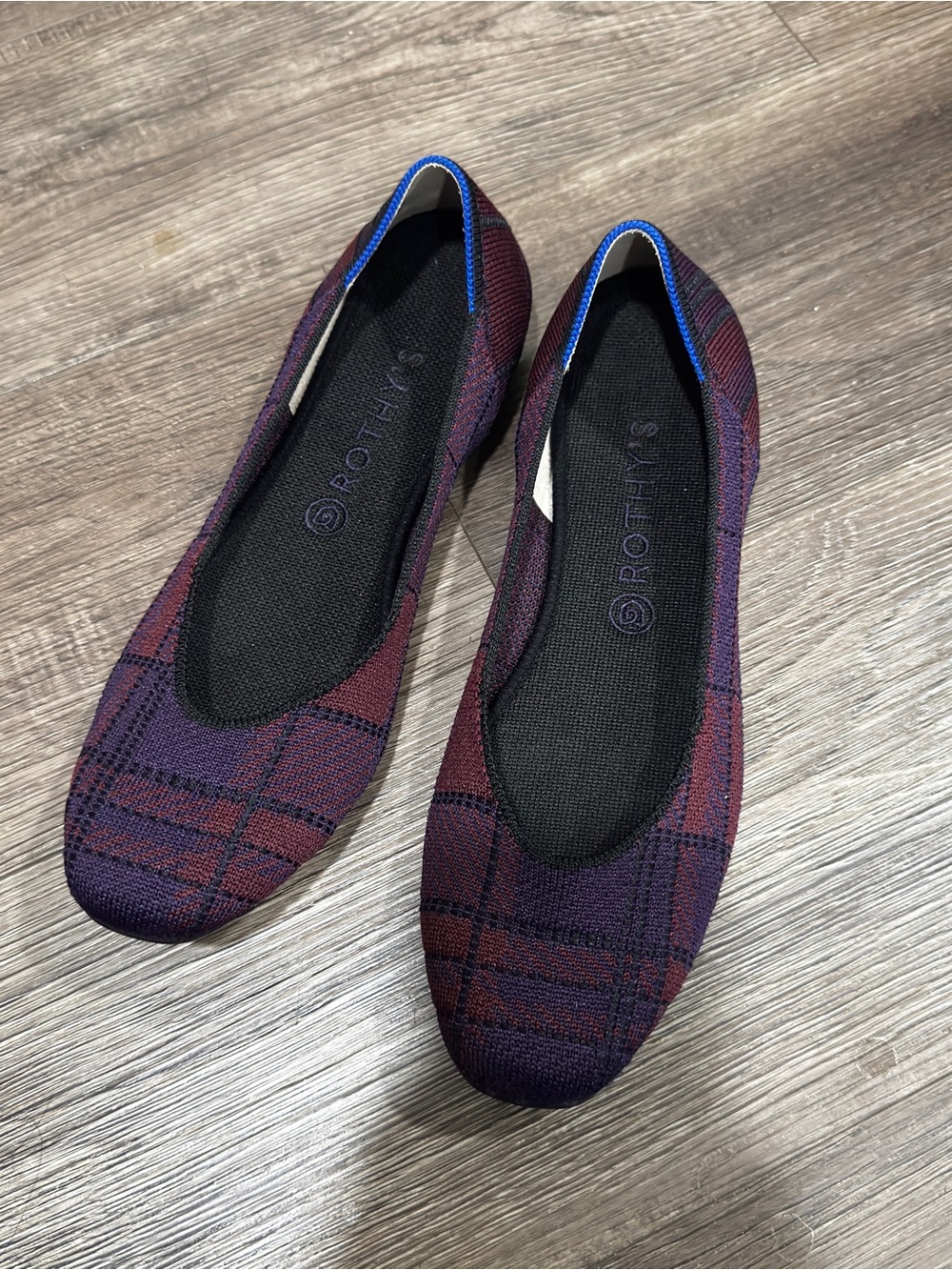 Rothy's Plum and Burgundy Plaid Knit Slip-On Flats size 12